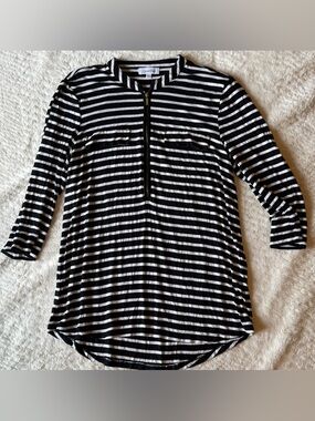 Calvin Klein Black and White Striped Zip-Front Top